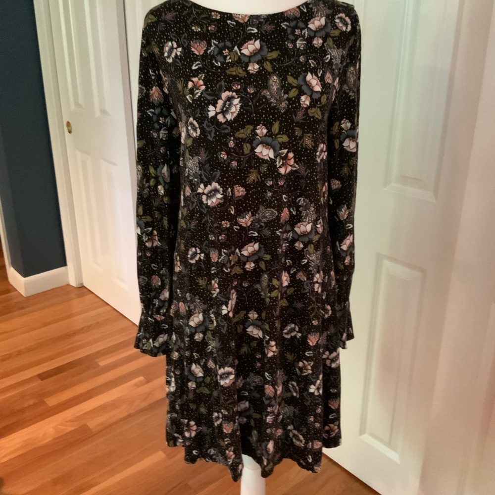 LOFT Black Floral Long Sleeve Dress